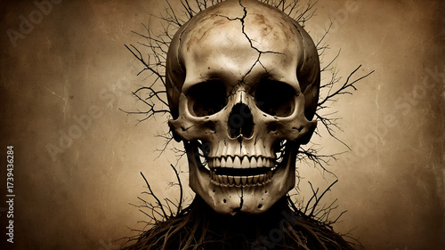Vintage horror poster vibe with cracked skull wrapped in roots, sepia tone, dramatic side lighting and muted earthy colors.