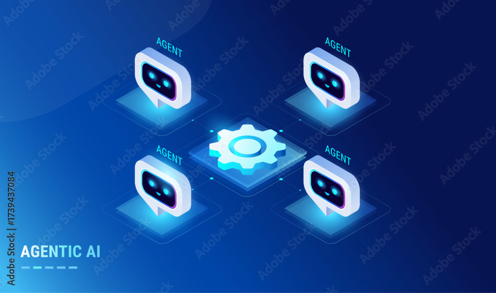 Agentic AI workflow diagram with multi agent system connected - isometric technology infographic vector