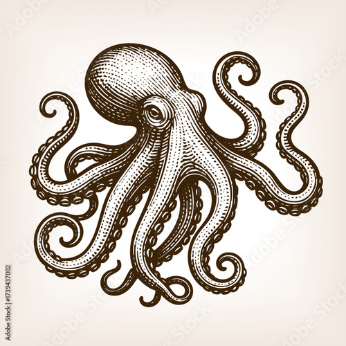 octopus with detailed tentacles, symbolizing marine life, sea creatures, and oceanic mystery sketch engraving generative ai vector illustration. Scratch board imitation. Black and white image.