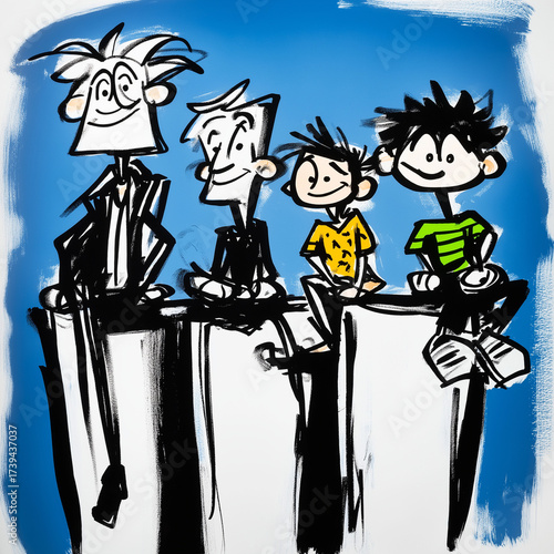 Cartoon group of four boys smiling and sitting on ledge with blue background  