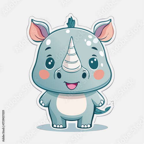 Cute baby rhino smiling cheerfully on white background, showcasing its adorable features and playful nature in a whimsical style.