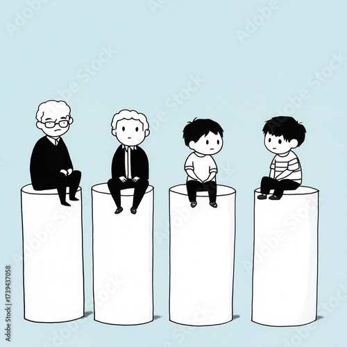 Four cartoon figures sitting on pedestals with a blue background  