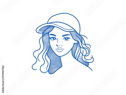 Illustrated young woman wearing cap and smiling in blue outline  