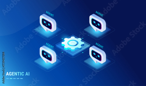 Agentic AI workflow diagram with multi agent system connected - isometric technology infographic vector