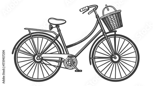Illustration of a classic bicycle with a basket attached to the front handlebars and thin tires created with generated ai