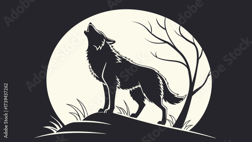 Silhouette of a howling wolf standing on a hill against a full moon and bare tree branches in the background created with generated ai