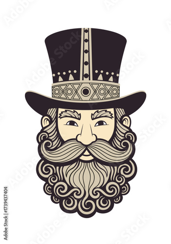 A distinguished gentleman with a magnificent beard and a tall hat sporting intricate patterns.