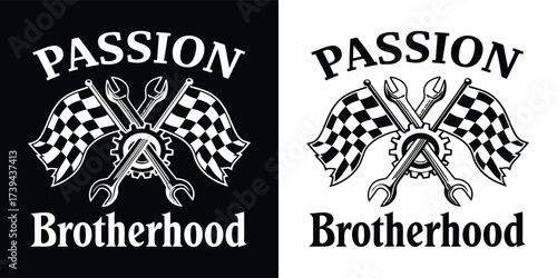 Two versions of a logo with the words passion brotherhood, featuring checkered flags and tools, symbolizing shared interests and camaraderie in a racing or automotive context