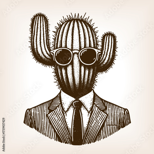 cactus with human body in business suit and sunglasses, symbolizing humor, surreal art, and creativity sketch engraving generative ai vector illustration. Scratch board imitation. Black and white.