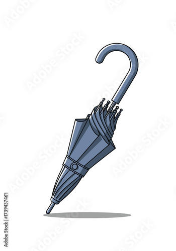 A classic closed umbrella with a curved handle leaning against an unseen surface on a white background.