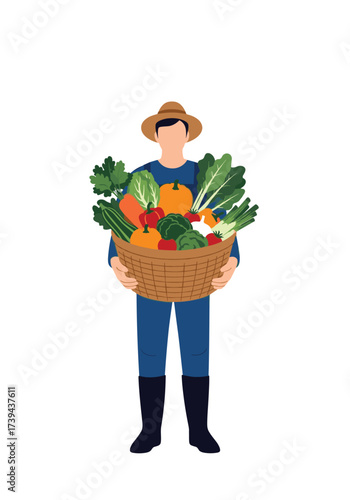 A farmer proudly holds a basket overflowing with fresh vegetables and fruits.