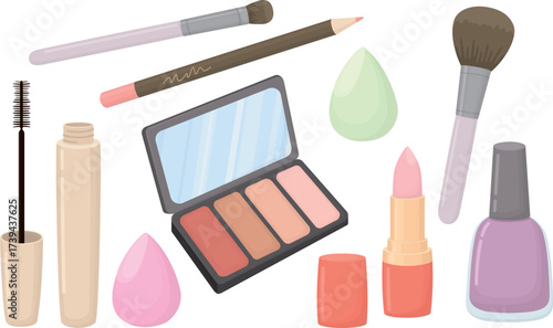 Collection of makeup essentials isolated on white background. Eyeshadow palette, sponges, lipstick, nail polish, pencil, mascara and brushes. 