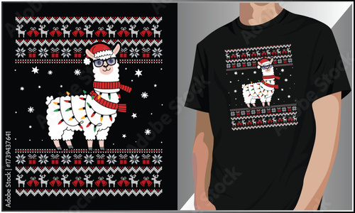 Alpaca Christmas T-Shirt Design Sweater, Funny Christmas Holiday Llama Winter Illustration, Merry Christmas Alpaca Lover Design, Alpaca in Red Santa Claus Hat Illustration.
