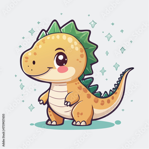 Cute baby dinosaur smiling cheerfully with sparkling stars around it, creating a whimsical and joyful atmosphere for children.