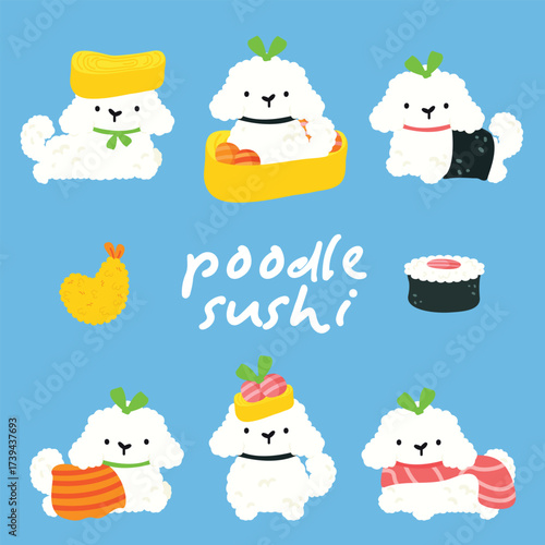 Adorable fluffy poodles dressed as sushi pieces, blending cuteness with food in a playful illustration.