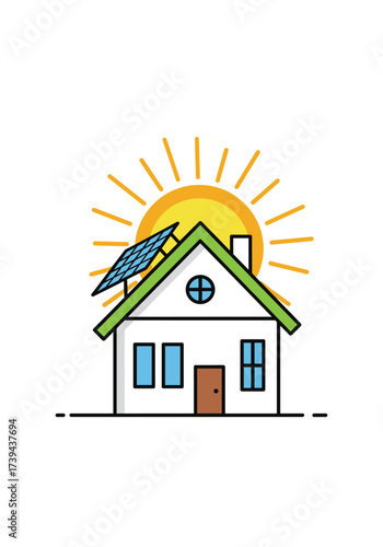 Solar powered house with sun and solar panel on the roof.