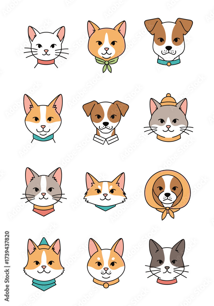Fototapeta premium A charming collection of twelve unique cat and dog portraits featuring adorable expressions and playful accessories.