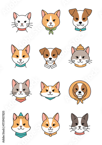 A charming collection of twelve unique cat and dog portraits featuring adorable expressions and playful accessories.
