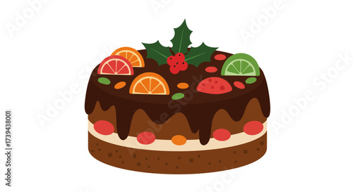 Festive Fruitcake with Chocolate Glaze and Citrus Slices Illustration.