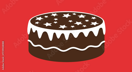 Festive Chocolate Cake with White Icing and Star Decorations.