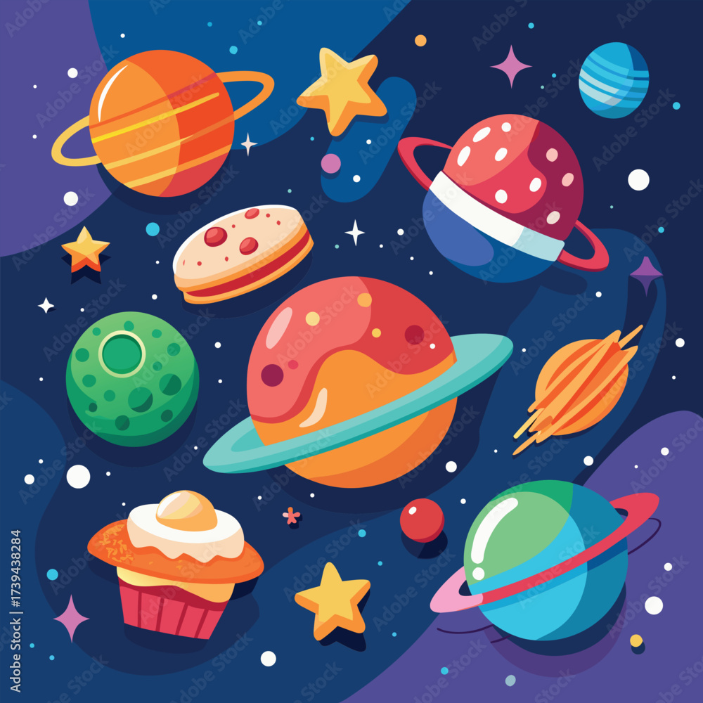 Fototapeta premium Cartoon Planets Space Theme Vector Illustration - Whimsical Cosmic Background