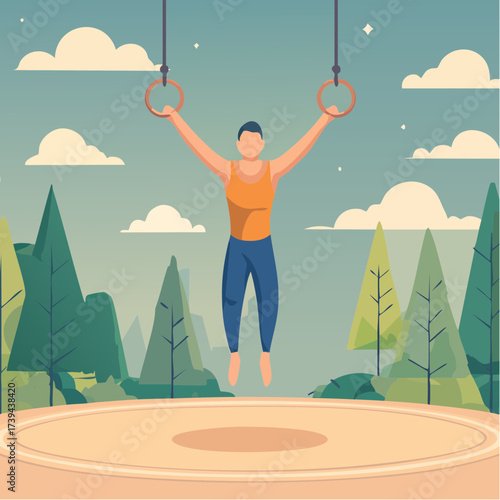 Male gymnast on rings — flat vector illustration