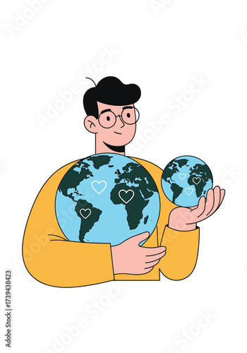 Person holding a globe in each hand symbolizing global care and environmental responsibility.
