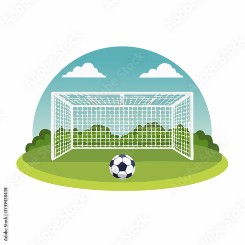 Soccer ball near goal — flat vector illustration