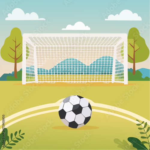 Soccer ball in front of goal — flat vector illustration