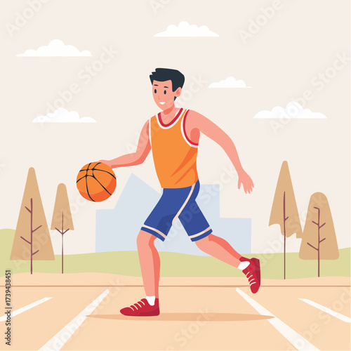 Male basketball player running with ball — flat vector illustration