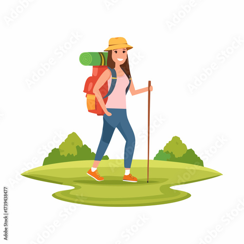 Woman trekking — flat vector illustration