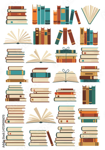 A visual collection of diverse book stacks and opened books.