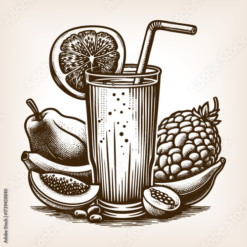 refreshing fruit smoothie in a tall glass with straw, surrounded by assorted fruits and herbs sketch engraving generative ai vector illustration. Scratch board imitation. Black and white image.