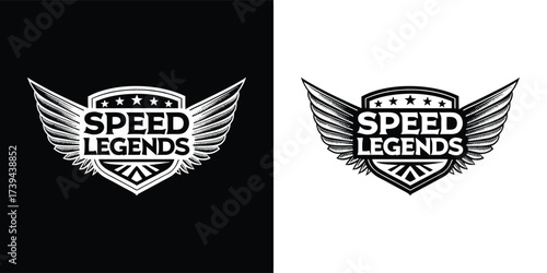 Shield emblem with wings and text speed legends, representing speed and achievement, black and white design