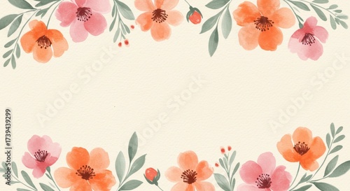 Soft watercolor floral border with delicate pink and orange blossoms on a creamy background