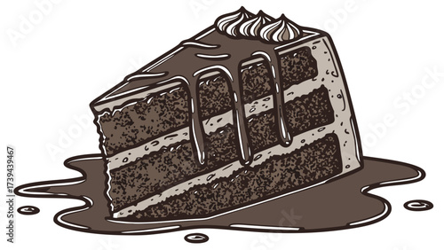 Illustration of a slice of chocolate cake with icing and chocolate sauce dripping down the sides created with generated ai