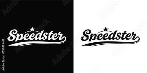 A dynamic logo featuring the word speedster with a star and a swoosh, presented in both black and white versions, evoking a sense of fast movement and high performance