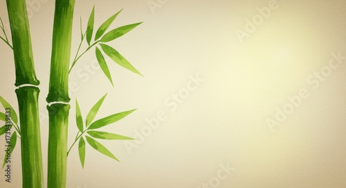 Serene watercolor painting of green bamboo stalks with delicate leaves against a softly lit background