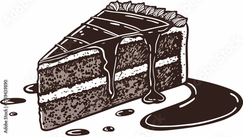 A slice of chocolate cake with cream filling and chocolate sauce dripping down the sides and on the plate created with generated ai
