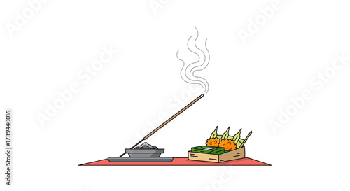 Burning incense stick, smoke, fruit offering, for spiritual peace and cultural devotion