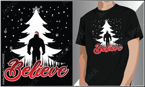 Bigfoot Silhouette Believe T-Shirt Design, Christmas Bigfoot Silhouette T-Shirt Design, Sasquatch Lovers Gifts, Bigfoot Retro Vintage Typography T-shirt, Xmas Season Design.