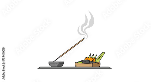 Vector illustration of a burning incense stick with smoke and a traditional spiritual offering