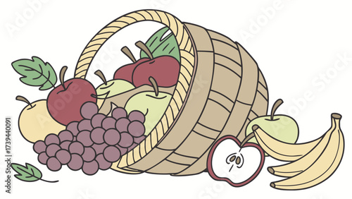 Illustration of a cornucopia with apples grapes and bananas spilling out on a white background scene created with generated ai