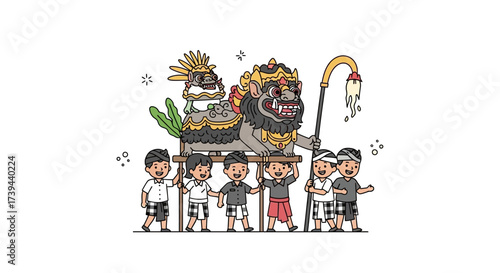 Balinese Parade with Barong Mask A Traditional Cultural Celebration with Men Carrying it