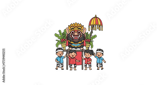 Children Holding Traditional Indonesian Festival Icon with Masked Figure and Parasol Illustration