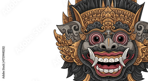 Detailed mythological Balinese mask illustration capturing the essence of spiritual folklore and ancient artistry