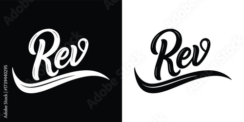 Rev wordmark in a retro script font, presented in both white on black and black on white versions for versatile design applications