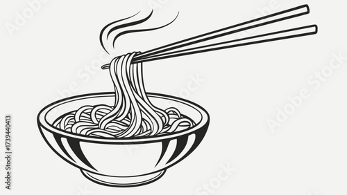 Illustration of a bowl filled with noodles being lifted by chopsticks with steam rising above it created with generated ai