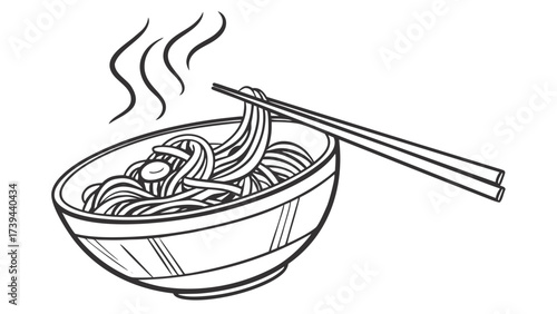 A bowl of steaming noodles with chopsticks resting on top in a black and white illustration style created with generated ai