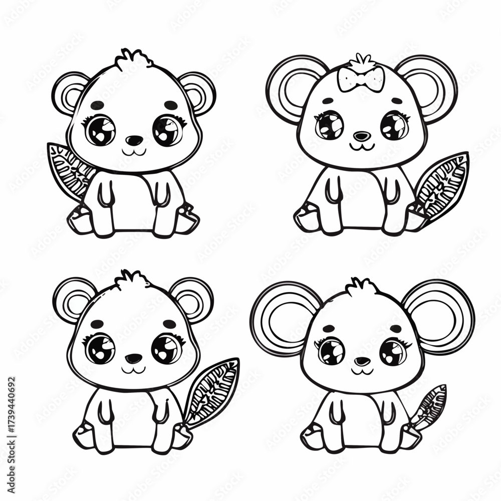 Fototapeta premium Cute cartoon beavers sitting and smiling with their tails showing in a simple line art style for coloring pages, creating a playful and cheerful mood.